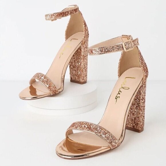 Lulus Taylor Glitter Rose Gold Ankle Strap Heels Size 8 Block Heel - Picture 1 of 16